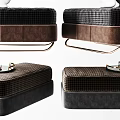 Stylish Plaid Ottoman With Brown Black Fabric Gold Metal Legs And Decorative Tray