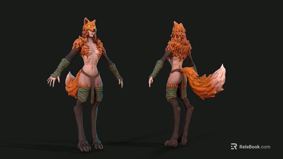 Mythical Half Human Half Fox Character With Orange Fur Fox Ears And Bushy Tail 3d model 