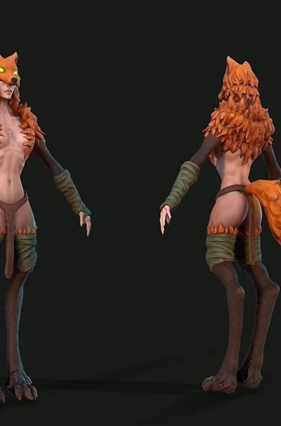 Mythical Half Human Half Fox Character With Orange Fur Fox Ears And Bushy Tail 3d model