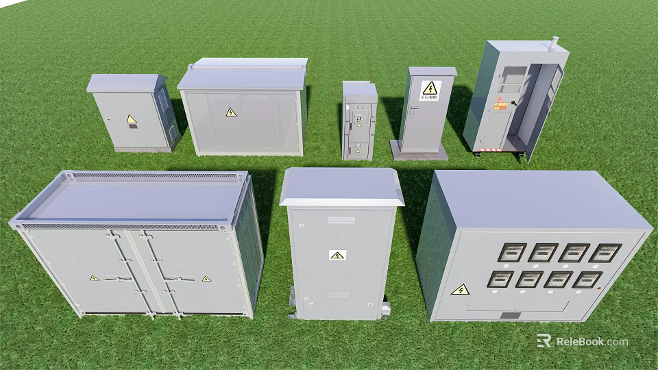 Industrial Equipment Gray Metal Distribution Boxes And Control Cabinets With Warning Signs For Industrial Use 3d model 
