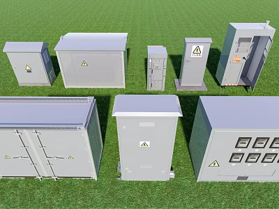 Industrial Equipment Gray Metal Distribution Boxes And Control Cabinets With Warning Signs For Industrial Use 3d model