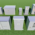 Industrial Equipment Gray Metal Distribution Boxes And Control Cabinets With Warning Signs For Industrial Use