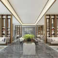 Luxurious Modern Sales Office Lobby With Crystal Chandelier Marble Wall Landscape Pattern And Wooden Grilles
