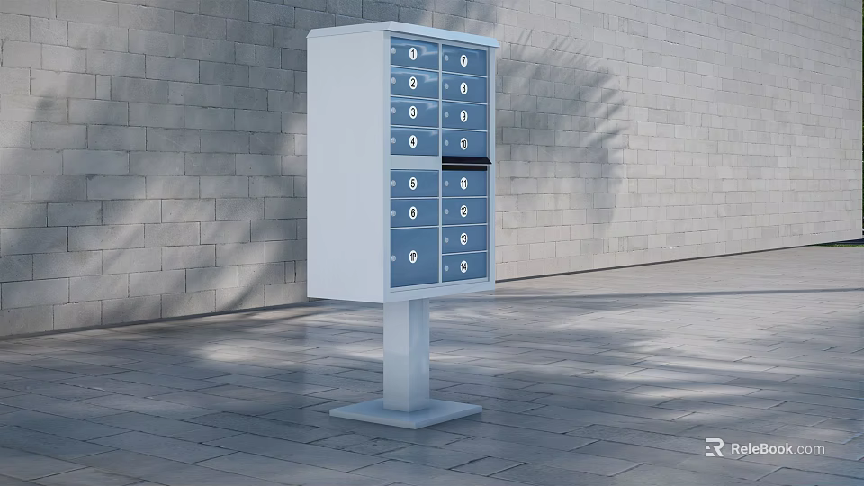 Outdoor Public Mailbox Cabinet Featuring Multiple Compartments Brick Wall And Tree Shadow 3d model 
