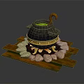 Black Cauldron with Green Liquid Curved Handle on Wooden Stand with Stones and Flames Around