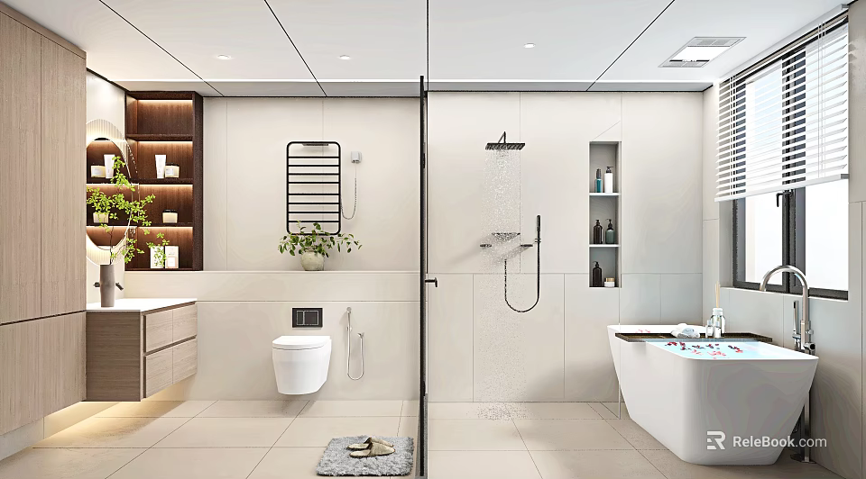 Modern Bathroom Interior With Glass Partition White Toilet Bathtub Wooden Shelves And Potted Plants 3d model 