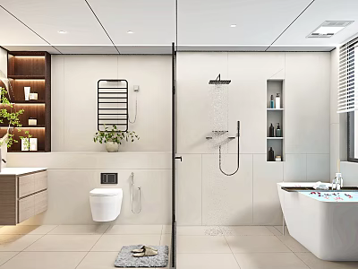 Modern Bathroom Interior With Glass Partition White Toilet Bathtub Wooden Shelves And Potted Plants 3d model