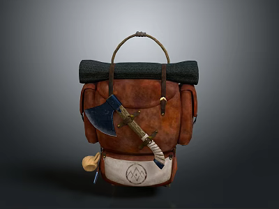 Vintage Leather Backpack With Rolled Black Top Side Axe Knife And White Emblem 3d model