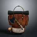 Vintage Leather Backpack With Rolled Black Top Side Axe Knife And White Emblem