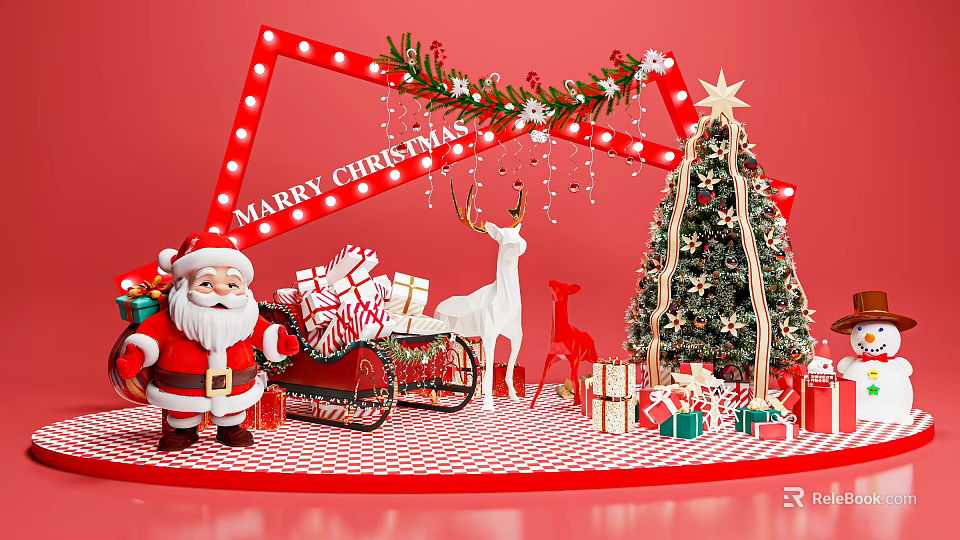 Festive Christmas Photo Spot With Santa Claus Sleigh Gifts Reindeer Decorated Tree And String Lights 3d model 