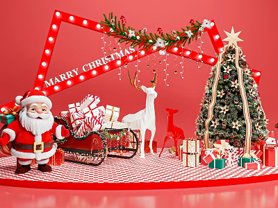 Festive Christmas Photo Spot With Santa Claus Sleigh Gifts Reindeer Decorated Tree And String Lights 3d model