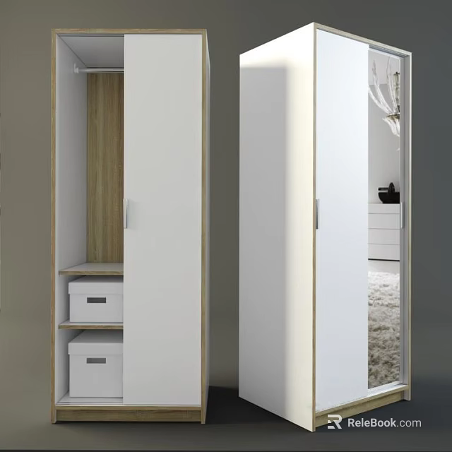 Sleek White Modern Wardrobe With Wooden Interior Drawers And Functional Mirror Door Design 3d model 