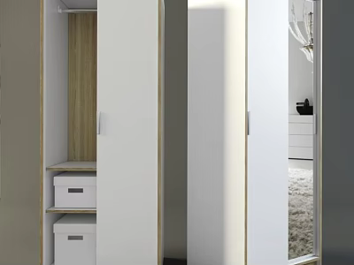 Sleek White Modern Wardrobe With Wooden Interior Drawers And Functional Mirror Door Design 3d model