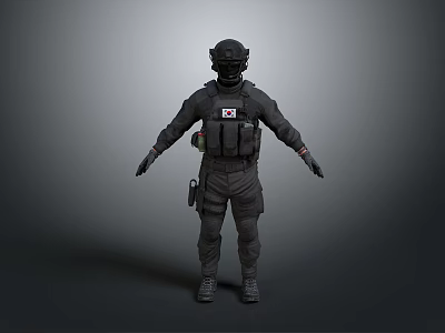 Tactical Operator Wearing Black Uniform With Helmet And Body Armor Equipment 3d model