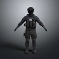 Tactical Operator Wearing Black Uniform With Helmet And Body Armor Equipment