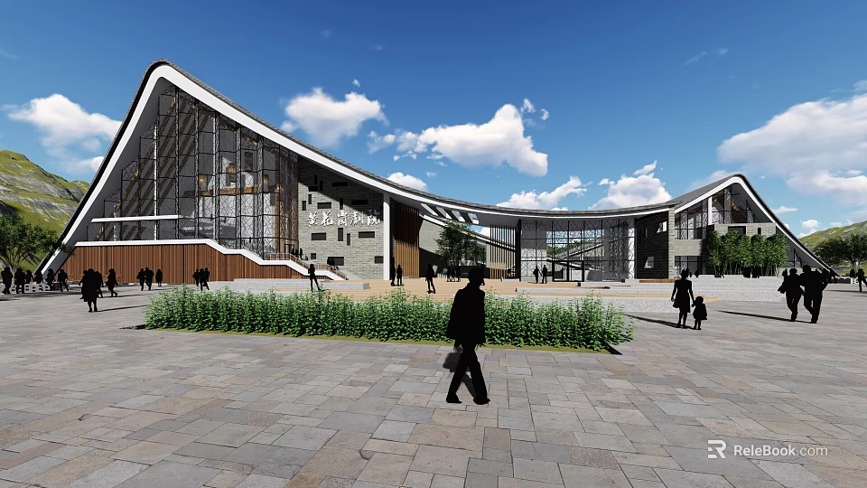 Modern Museum Building Curved Glass Facade Wooden Elements Plaza And People Walking Under Blue Sky 3d model 