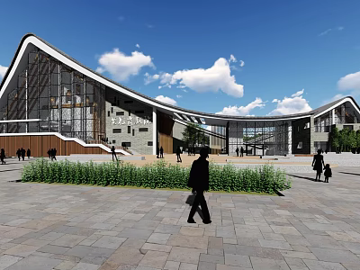 Modern Museum Building Curved Glass Facade Wooden Elements Plaza And People Walking Under Blue Sky 3d model