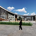 Modern Museum Building Curved Glass Facade Wooden Elements Plaza And People Walking Under Blue Sky