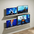 Multiple Wall Mounted Televisions On Shelves Showing Different High Definition Scenes 3d model