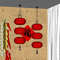 Red Lanterns Decoration With Chinese Character Fu On Golden Wall And Corn Chili Garlands