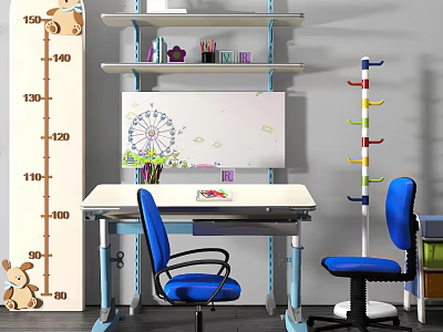 Kids Study Desk with Blue Chair Height Chart Shelves Whiteboard and Colorful Stationery 3d model
