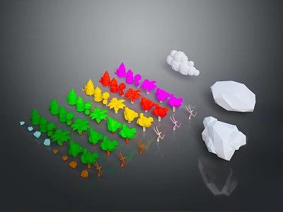 Colorful Plants Collection with Various Colored Trees Shrubs Clouds and Stones 3d model
