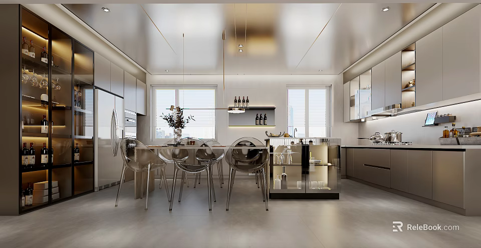 Modern Kitchen Interior With Dining Table Transparent Chairs Cabinets And Lighting 3d model