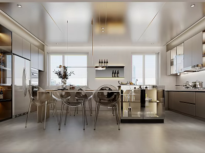 Modern Kitchen Interior With Dining Table Transparent Chairs Cabinets And Lighting 3d model