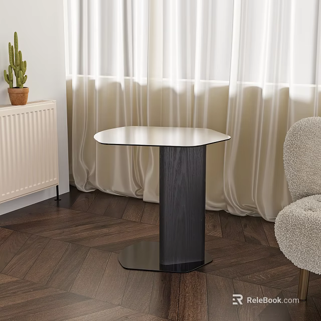 Contemporary Hexagonal Side Table With Glass Top Black Metal Base And Curtains On Wooden Floor 3d model 
