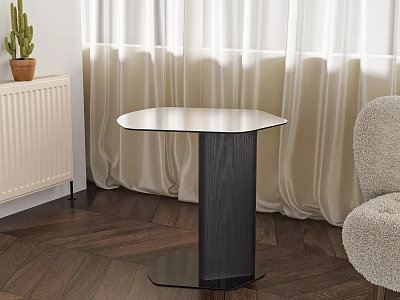 Contemporary Hexagonal Side Table With Glass Top Black Metal Base And Curtains On Wooden Floor 3d model