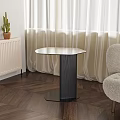 Contemporary Hexagonal Side Table With Glass Top Black Metal Base And Curtains On Wooden Floor