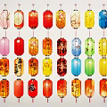 Colorful Traditional Chinese Lanterns with Diverse Patterns and Vibrant Hues Arranged in Rows