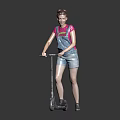 Woman in pink T-shirt and denim overalls shorts riding electric scooter against plain grey background