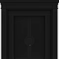 Black Double Entrance Door With Ornate Patterned Panels And Classic Frame Design