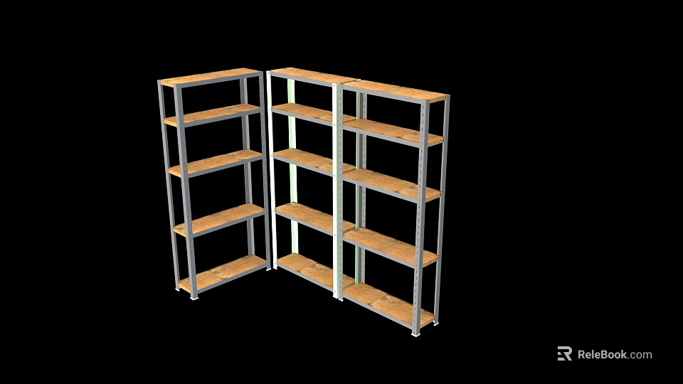 Two Combined Metal Frame Storage Shelves With Wooden Multi Tier Shelving Design 3d model 