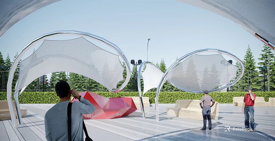 White Tensile Membrane Structure In Outdoor Park Landscape With People Enjoying Greenery 3d model 