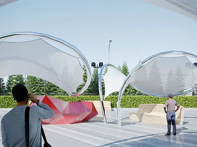 White Tensile Membrane Structure In Outdoor Park Landscape With People Enjoying Greenery 3d model