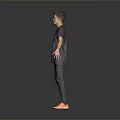 Man Wearing Grey T Shirt With Blue Gear Print Grey Pants Red Shoes Arms Outstretched