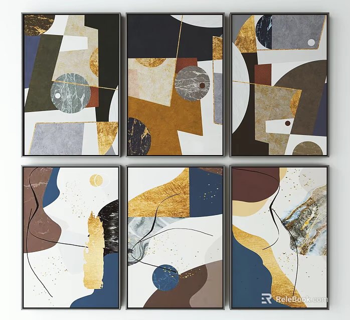 Modern Abstract Paintings with Geometric Shapes Gold Blue Brown Tones and Marble Texture 3d model 