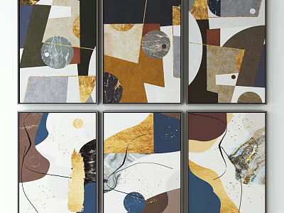 Modern Abstract Paintings with Geometric Shapes Gold Blue Brown Tones and Marble Texture 3d model