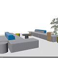Modern Modular Public Seating in Grey Blue Yellow With Round Side Tables and Green Plant