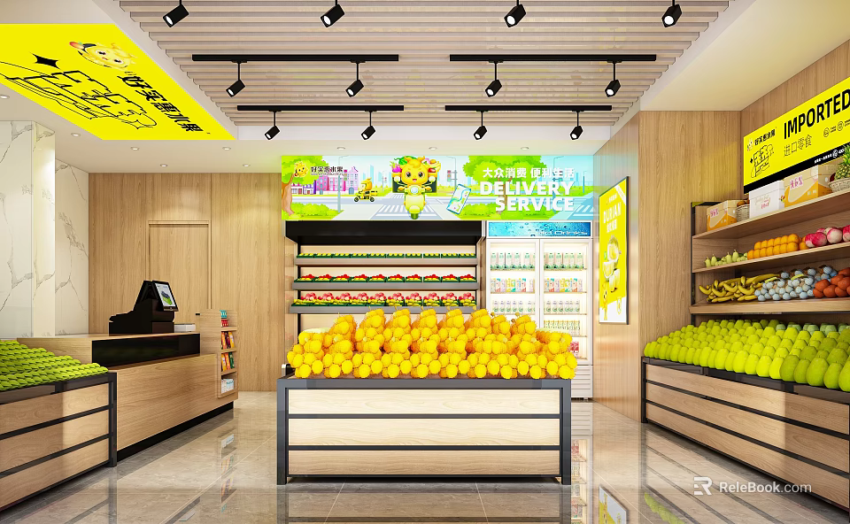 Grocery Supermarket Interior With Fresh Fruit Displays Delivery Service And Cashier Counter 3d model 