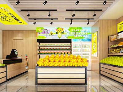 Grocery Supermarket Interior With Fresh Fruit Displays Delivery Service And Cashier Counter 3d model