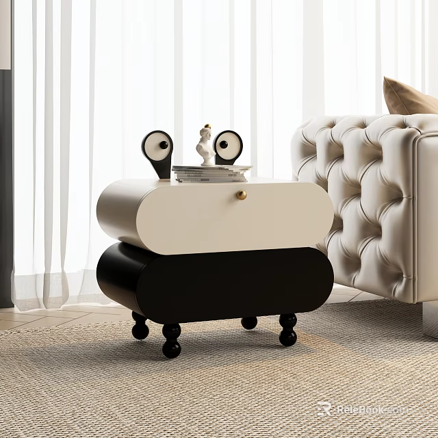 Modern Black And White Side Table With Decorative Items Next To Tufted Sofa 3d model