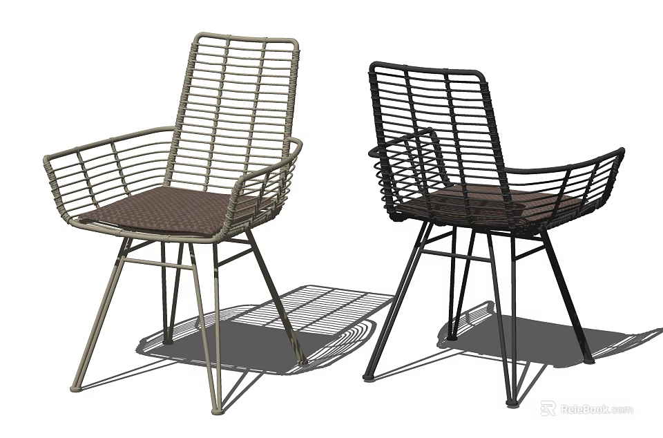 Modern Metal Wire Frame Leisure Chairs With Armrests And Brown Seat Cushion In Gold Black 3d model 