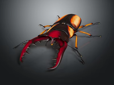 Giant Beetle With Large Red Mandibles Black Orange Body Yellow Legs Detailed Close Up View 3d model