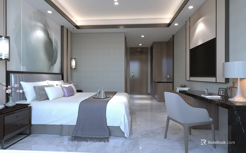 Modern Hotel Guest Room With King Bed Decorative Painting Marble Floor And Flat Screen TV 3d model 