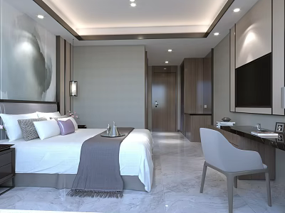 Modern Hotel Guest Room With King Bed Decorative Painting Marble Floor And Flat Screen TV 3d model