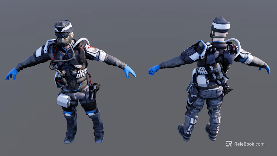 Game and Movie Character With Tactical Armor Helmet Backpack Front Back View 3d model 