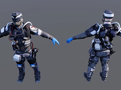 Game and Movie Character With Tactical Armor Helmet Backpack Front Back View 3d model
